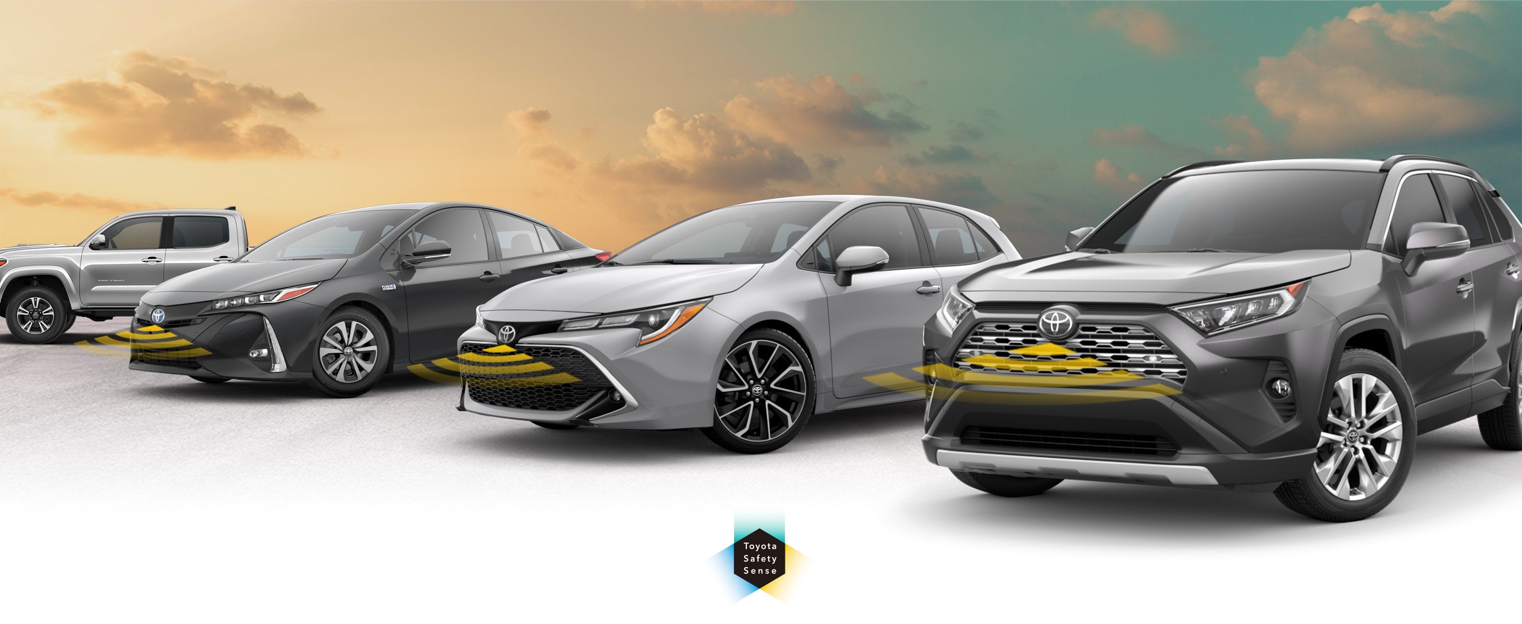 Toyota Safety Sense: Designed for Safety. Options shown on Toyota models including RAV4, Tacoma, and Camry, available now at Thousand Oaks Toyota in Thousand Oaks CA.